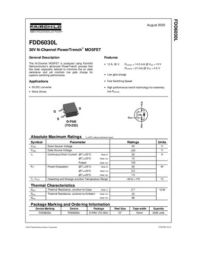 Fairchild Semiconductor FDD6030L 30V N-Channel PowerTrench MOSFET Datasheet - cover page