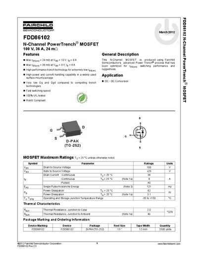 Fairchild FDD86102 N-Channel MOSFET Datasheet