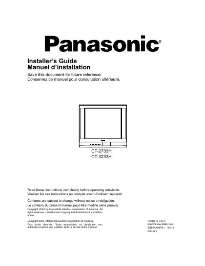 Panasonic CT-2733H/CT-3233H Television Installer's Guide - cover page