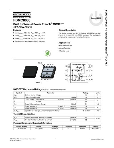 Fairchild Semiconductor FDMC8030 Dual N-Channel MOSFET Datasheet - cover page