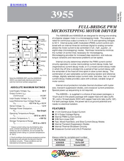Allegro MicroSystems A3955SB/A3955SLB Full-Bridge PWM Microstepping Motor Driver Datasheet