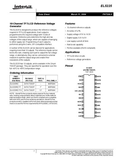 Intersil EL5225 10-Channel TFT-LCD Reference Voltage Generator Data Sheet - cover page