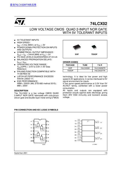 STMicroelectronics 74LCX02 Low Voltage CMOS Quad 2-Input NOR Gate Datasheet - cover page