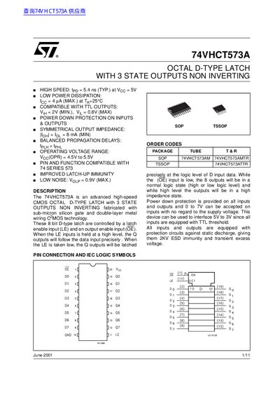 STMicroelectronics 74VHCT573A Octal D-Type Latch with 3-State Outputs Non-Inverting Datasheet - cover page