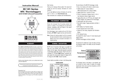 Hanna Instruments HI 141 Series NTC Thermologgers & HI 141001 Infrared Transmitter Instruction Manual - cover page