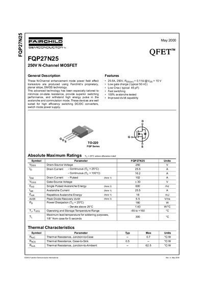 Fairchild FQP27N25 250V N-Channel MOSFET Datasheet - cover page