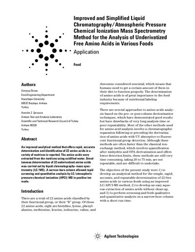 Improved LC/APCI-MS Method for Analysis of Underivatized Free Amino Acids in Foods - cover page