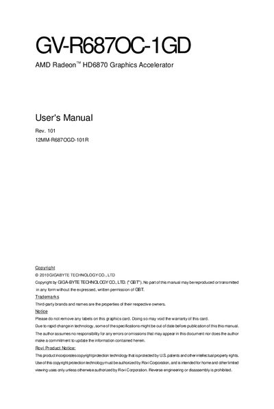 GIGABYTE GV-R687OC-1GD AMD Radeon HD6870 Graphics Accelerator User's Manual - cover page
