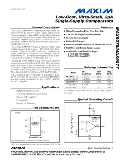 Maxim MAX9075/MAX9077 Single-Supply Comparator Datasheet - cover page