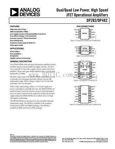 Analog Devices OP282/OP482 Operational Amplifier Datasheet - cover page