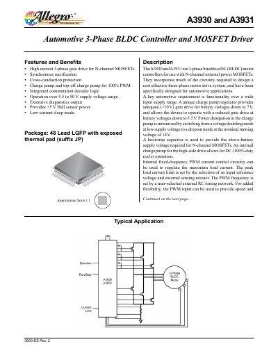 Allegro A3930/A3931 3‑Phase Brushless DC Motor Controller Datasheet - cover page