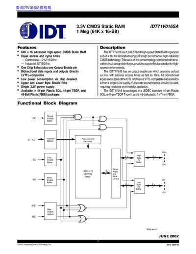 IDT IDT71V016SA 3.3V CMOS Static RAM Datasheet - cover page