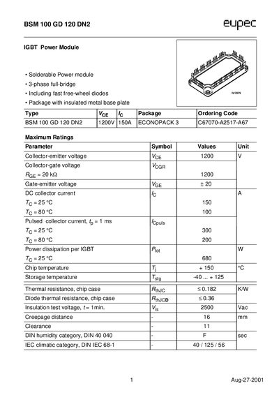 EUPEC BSM 100 GD 120 DN2 IGBT Power Module Datasheet - cover page