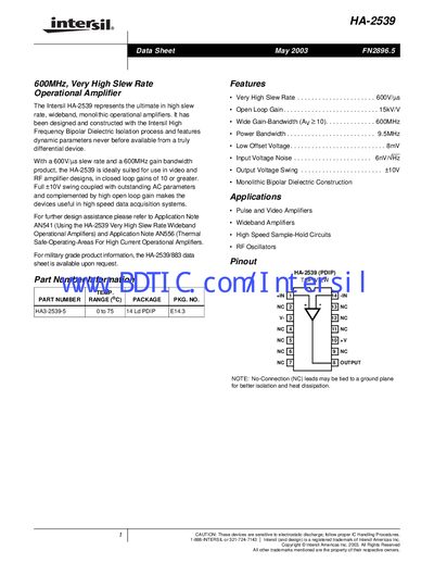 Intersil HA-2539 Operational Amplifier Datasheet - cover page