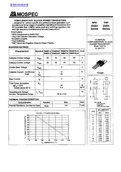 MOSPEC D44H/D45H Series Complementary Silicon Power Transistors Datasheet - cover page