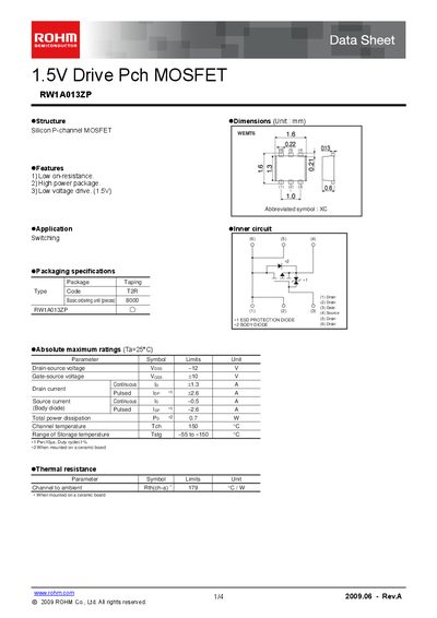 ROHM RW1A013ZP P‑Channel MOSFET Datasheet - cover page