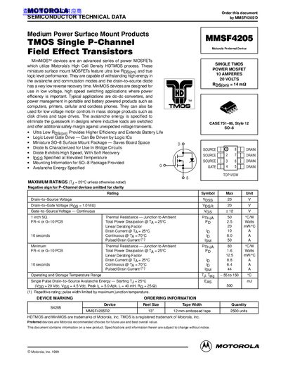 Motorola MMSF4205 Medium Power Surface Mount MOSFET Datasheet - cover page