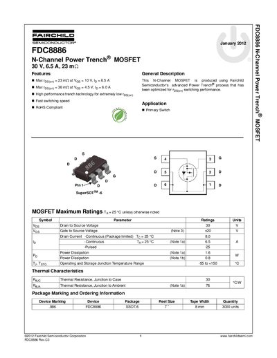 Fairchild FDC8886 N-Channel Power Trench MOSFET Datasheet - cover page