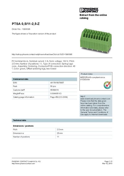 Phoenix Contact PTSA 0.5/11-2.5-Z Datasheet - cover page