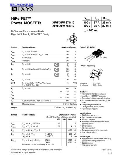 IXYS IXFH/IXFM 67N10/75N10 Power MOSFET Datasheet - cover page