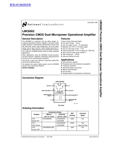 National Semiconductor LMC6062 Precision CMOS Dual Micropower Operational Amplifier Datasheet - cover page