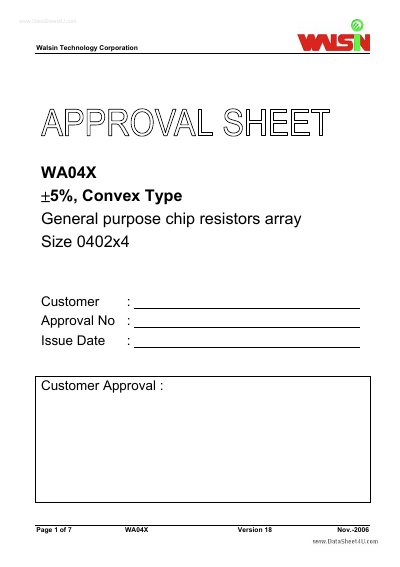 Walsin WA04X Convex Type General Purpose Chip Resistor Array Datasheet - cover page