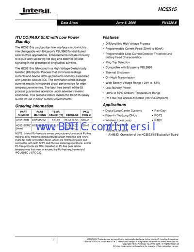Intersil HC5515 Subscriber Line Interface Circuit Datasheet - cover page