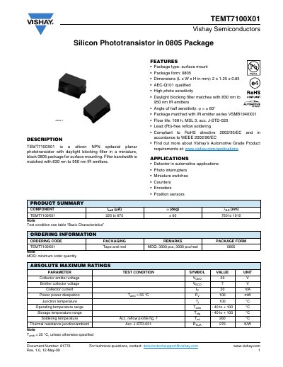 Vishay TEMT7100X01 Silicon Phototransistor Datasheet - cover page