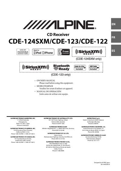Alpine CDE-124SXM/CDE-123/CDE-122 CD Receiver Owner's Manual - cover page