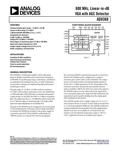 Analog Devices AD8368 Variable Gain Amplifier Product Handbook Rev B - cover page