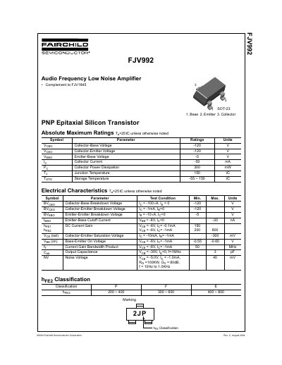 Fairchild FJV992 Audio Frequency Low Noise Amplifier Datasheet - cover page