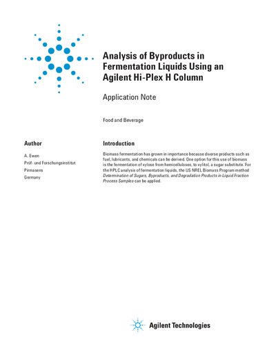 Agilent Hi-Plex H Column Application Note for Fermentation Analysis - cover page