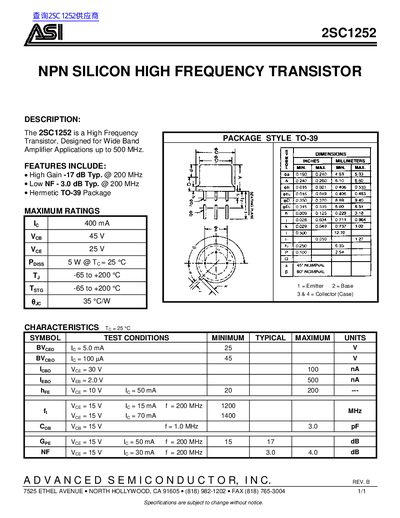 ASI 2SC1252 NPN Silicon High Frequency Transistor Datasheet - cover page