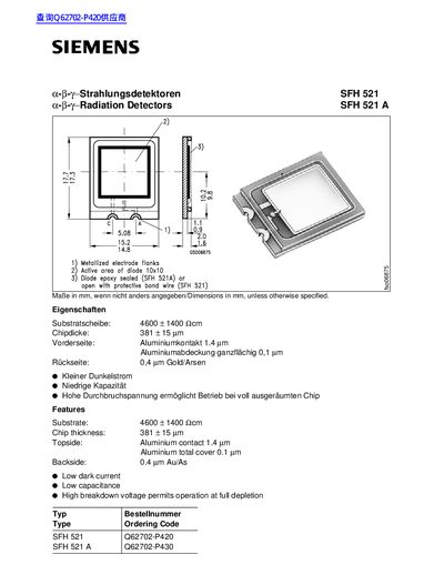 Siemens SFH 521/SFH 521A Radiation Detector Datasheet - cover page