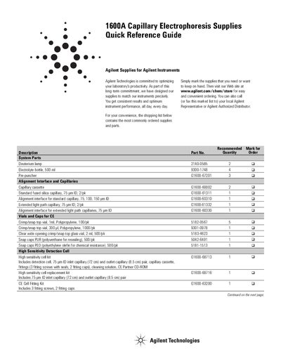 Agilent 1600A Capillary Electrophoresis Supplies Quick Reference Guide - cover page