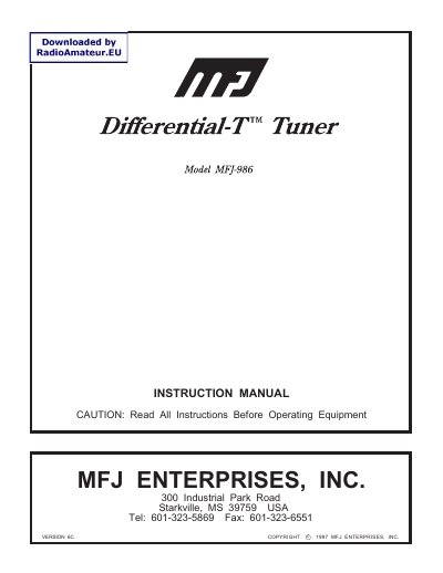 MFJ Enterprises MFJ-986 Differential-T Tuner Instruction Manual