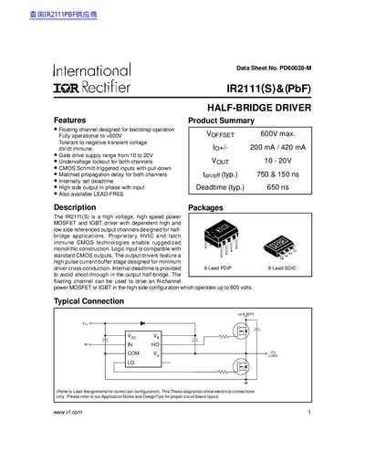 International Rectifier IR2111(S) Half-Bridge Driver Datasheet - cover page