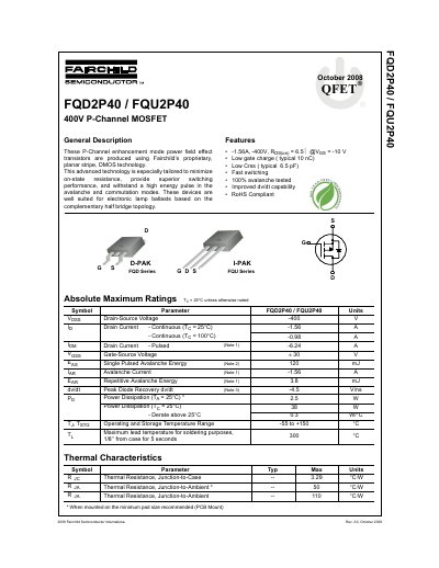 Fairchild Semiconductor FQD2P40/FQU2P40 400V P-Channel MOSFET Datasheet - cover page
