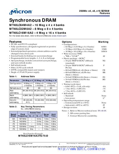 Micron MT48LC16M16A2BG-75 SDRAM Datasheet - cover page