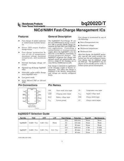 Texas Instruments bq2002D/T NiCd/NiMH Fast-Charge Management ICs Datasheet - cover page