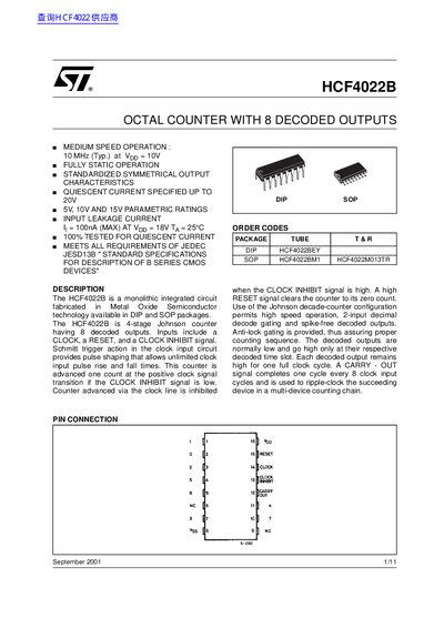 STMicroelectronics HCF4022B Octal Counter Datasheet - cover page