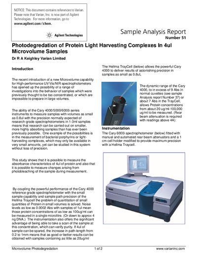 Agilent Photodegredation of Protein Light Harvesting Complexes In 4ul Microvolume Samples Application Note