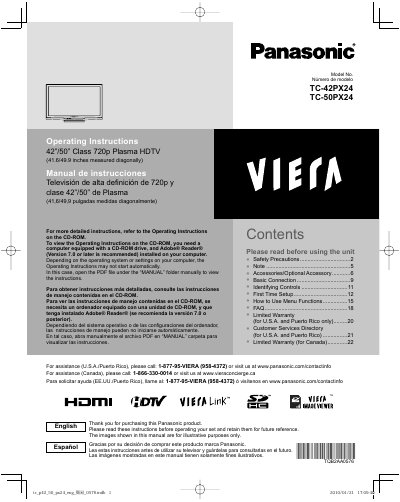 Panasonic TC-42PX24/TC-50PX24 Plasma HDTV Operating Instructions