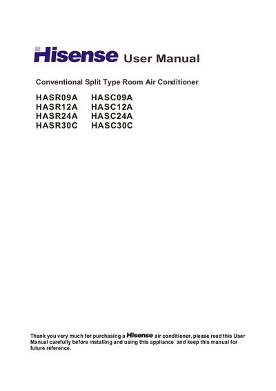 Hisense Conventional Split Type Room Air Conditioner HASR0 9A HASC0 9A HASR1 2A HASC1 2A HASR2 4A HASC2 4A HASR3 0C HASC3 0C User Manual - cover page