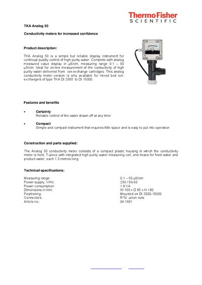 TKA Analog 50 Conductivity Meter Product Leaflet - cover page