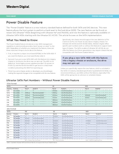Western Digital Ultrastar SATA Power Disable Feature Tech Brief - cover page