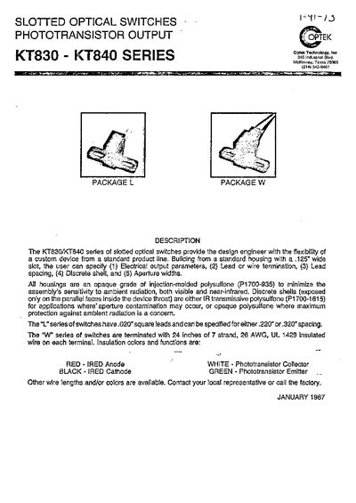 Optek KT830/KT840 Series Slotted Optical Switches Datasheet - cover page