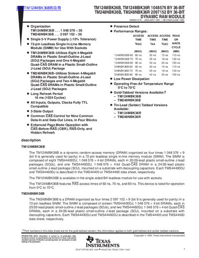TEXAS INSTRUMENTS TM124MBK36B TM124MBK36R 1048576 BY 36-BIT TM248NBK36B TM248NBK36R 2097152 BY 36-BIT DYNAMIC RAM MODULE Data Sheet - cover page