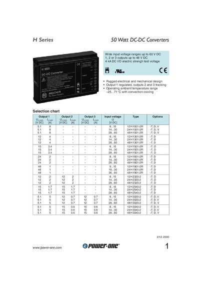 Power-One H Series 50W DC-DC Converter Datasheet - cover page
