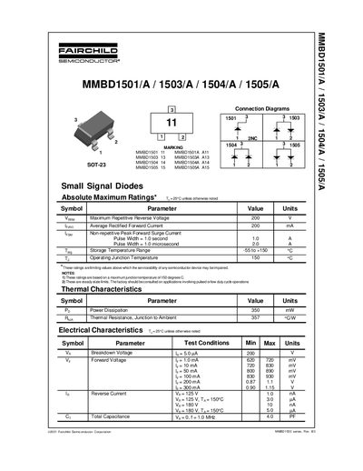 Fairchild MMBD1501/A, MMBD1503/A, MMBD1504/A, MMBD1505/A Small Signal Diodes Datasheet - cover page